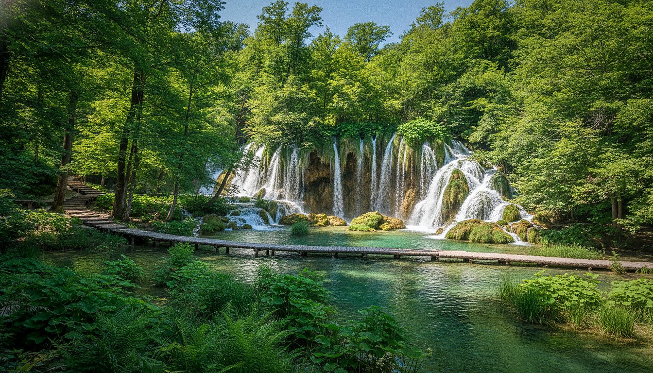 Travertinové vodopády Skradinski buk v Národním parku Krka s dřevěnými lávkami mezi zelení u řeky